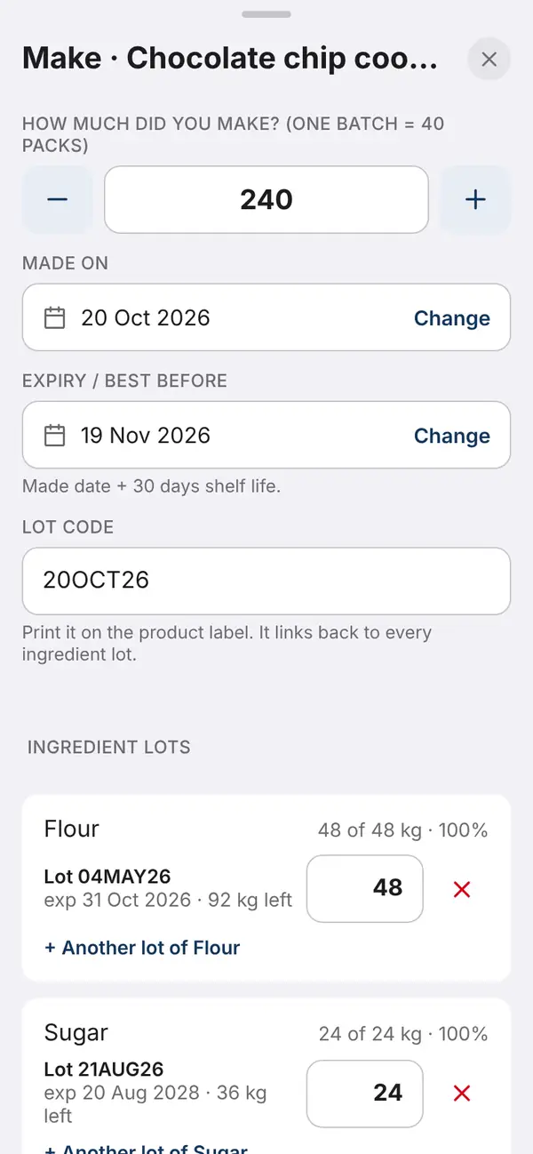 Making a batch: ingredient lots picked by expiry, with the recipe cost.