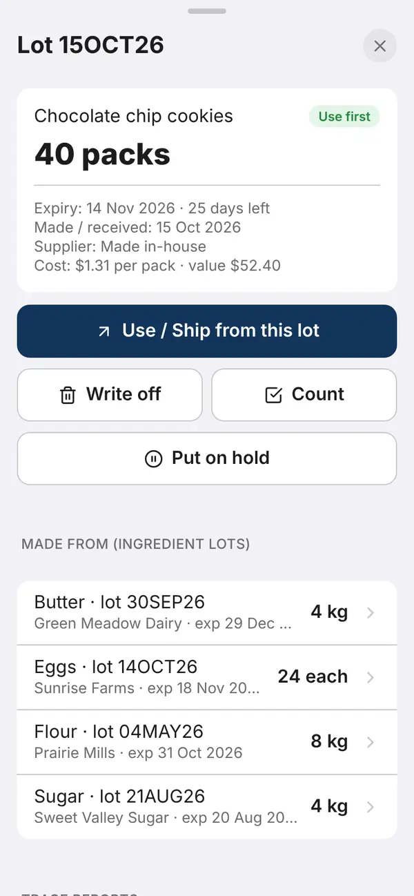 A lot in Anatix: code, expiry, quantity and where it went.