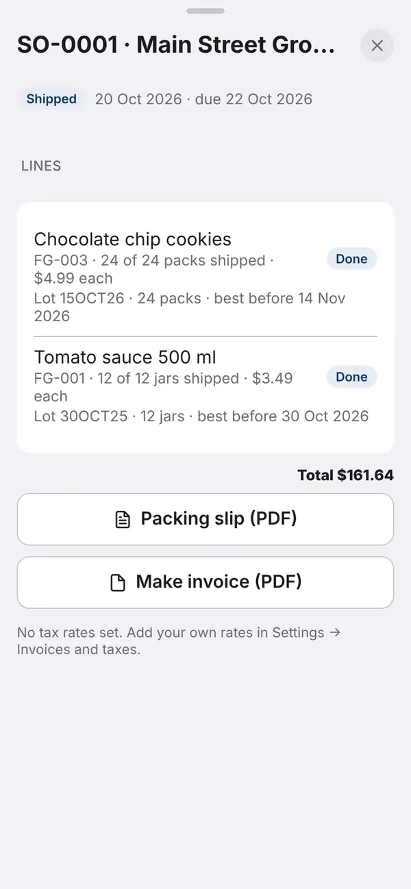 A sales order shipped by expiry, ready for the packing slip and invoice.